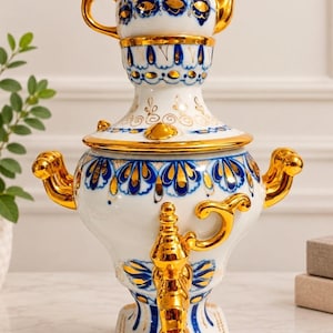Gzhel Porcelain Samovar Trinket Box with Soviet Beriozka Tag, Hand Painted USSR Ceramic Jewelry Holder, Vintage Russian Urn Candy Dish