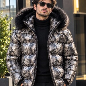 Men's Python Snakeskin Leather Puffer Jacket Faux Fur Collar and Hood