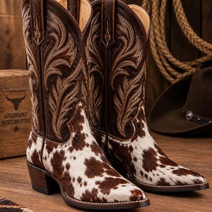 Könnte beinhalten: Ein Paar hohe Cowboystiefel mit einem dunkelbraunen Lederschaft mit aufwendigen beigen Nähten und einem weiß-braunen Kuhfellmuster am Fußteil. Die Stiefel haben eine spitz zulaufende Zehenpartie, einen Absatz in Holzoptik und Anziehlaschen.