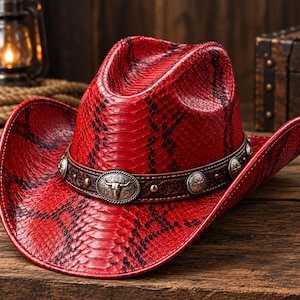 Op de afbeelding: Een rode cowboyhoed met een gestructureerd slangenleerpatroon in rood- en zwarttinten. De hoed is versierd met een donkerbruine leren band met zilverkleurige metalen studs en een centrale ovale gesp met een embleem van een stierenschedel.