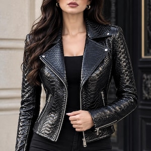 Women’s Snakeskin Leather Moto Biker Jacket – Python Print Exotic Wear