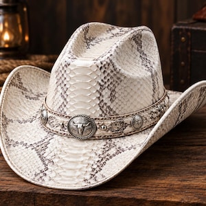 Handmade White Python Embossed Leather Cowboy Hat, Western Style Gift for Him