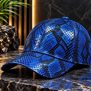 BluevHandmade Python Embossed Leather Baseball Cap, Western Style Cap