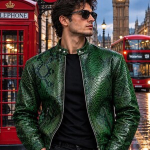 Green Snake Skin Motorcycle Men's Python Leather Jacket Biker Motorcycle lederjacken