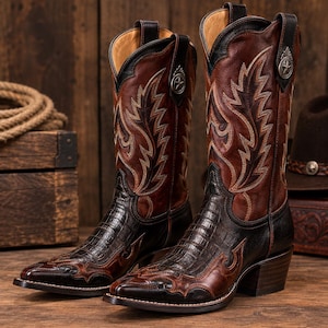 May include: A pair of brown and black leather cowboy boots featuring a textured crocodile-skin pattern on the foot, intricate cream-colored stitching on the shaft, and a silver-toned star emblem attached to the top pull tab of each boot.