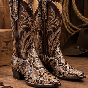 May include: A pair of tall boots featuring a pointed toe and a stacked heel. The lower portion of the boots displays a textured snakeskin pattern in shades of brown and cream, while the upper shaft is dark brown leather with intricate stitching.