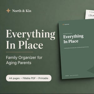 Everything in Place Parent Edition family organizer by North & Kin, shown as a 44-page fillable and printable PDF workbook.