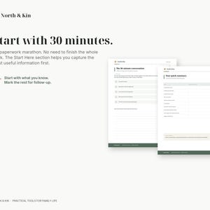 Everything in Place quick-start pages showing the 30-minute family conversation and simple summary worksheets.