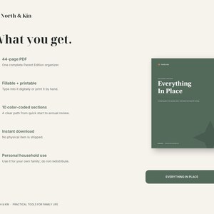 North & Kin Everything in Place Parent Edition download includes a 44-page fillable printable PDF, 10 color-coded sections and personal-use license.