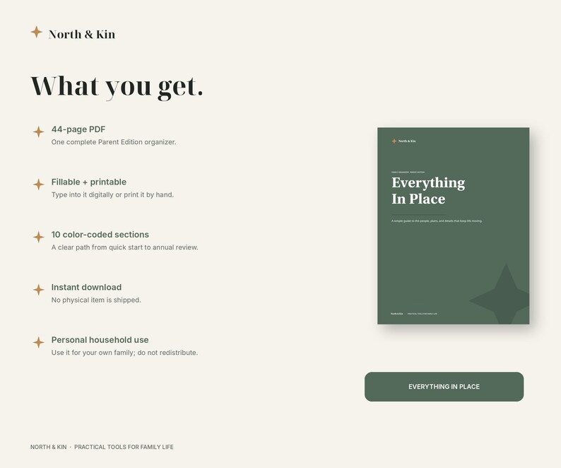 North & Kin Everything in Place Parent Edition download includes a 44-page fillable printable PDF, 10 color-coded sections and personal-use license.