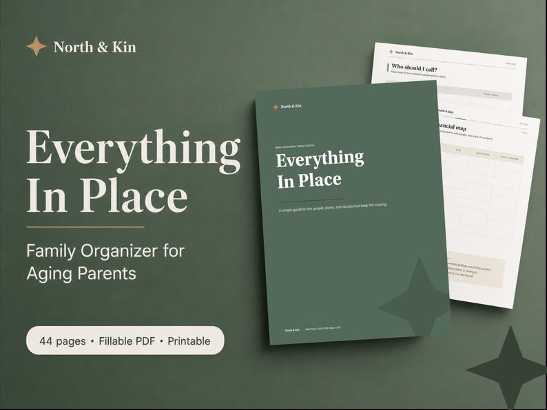 Everything in Place Parent Edition family organizer by North & Kin, shown as a 44-page fillable and printable PDF workbook.