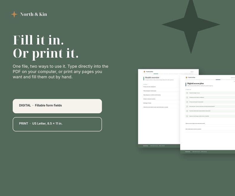 Everything in Place shown as both a digitally fillable PDF and a printable US Letter family organizer.