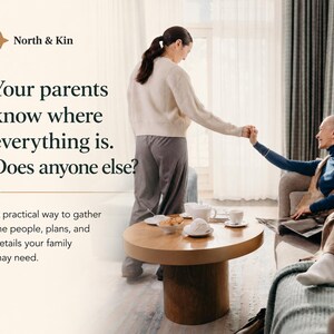 Adult daughter and older mother together at home with text asking, “Your parents know where everything is. Does anyone else?”