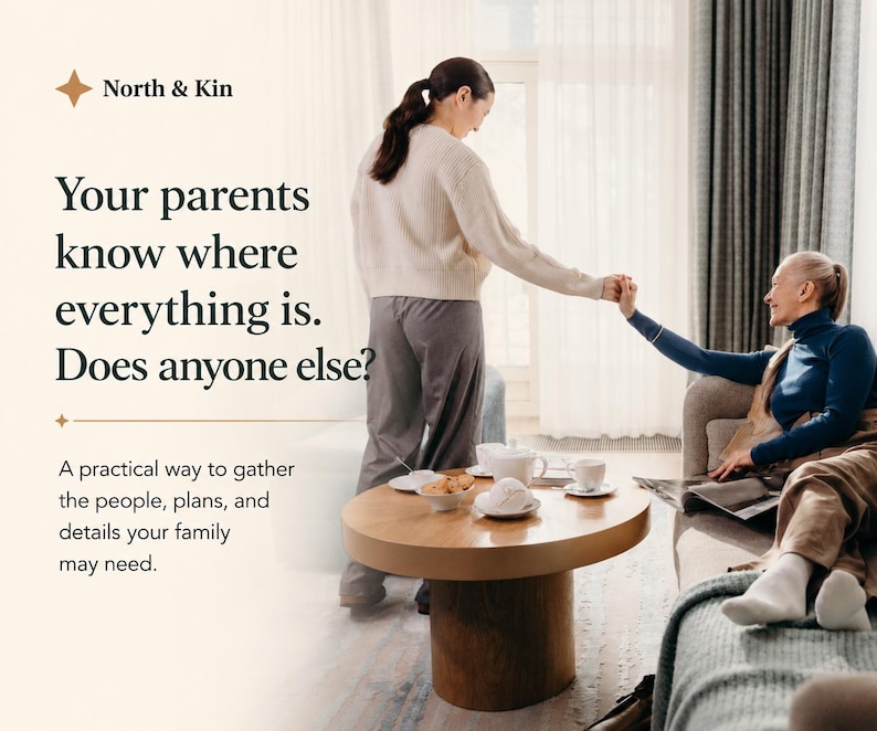 Adult daughter and older mother together at home with text asking, “Your parents know where everything is. Does anyone else?”