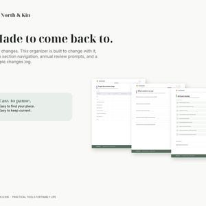 Sample pages showing the color-coded navigation, annual review prompts and simple system for returning to the organizer over time.