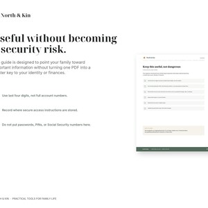 Security guidance from Everything in Place showing how to organize important information without recording passwords or full account numbers.