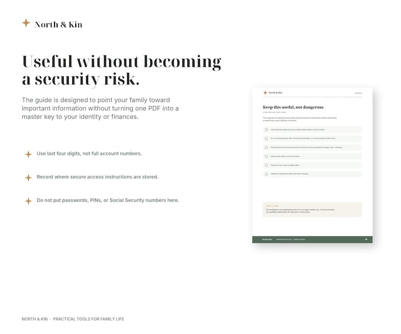 Security guidance from Everything in Place showing how to organize important information without recording passwords or full account numbers.