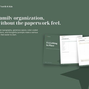 Sample pages showing the color-coded navigation, annual review prompts and easy to fill out in the organizer over time.