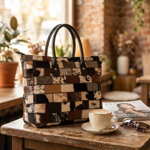 Cowhide Patchwork Tote Bag, Hair on Hide Purse, Western Checkered Leather Handbag, Multi Color Real Cowhide Crossbody Bag, Gift for Women