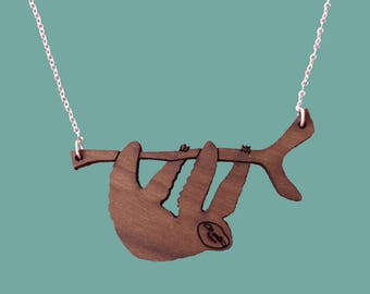 Party Animals  - wooden sloth necklace with sterling silver chain
