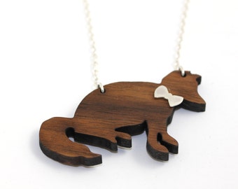 Party Animals - a foxy gent - wooden fox necklace with sterling silver bow tie and chain