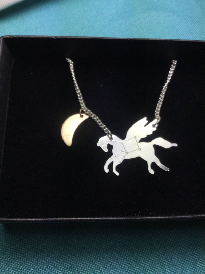 Pegasus silver necklace with star constellation engraving and gold-plated moon image 2