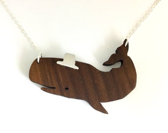 Party Animals  - wooden whale necklace with sterling silver hat and chain