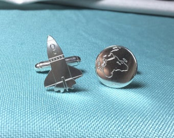 Space exploration - silver cufflinks with space shuttle and planet earth