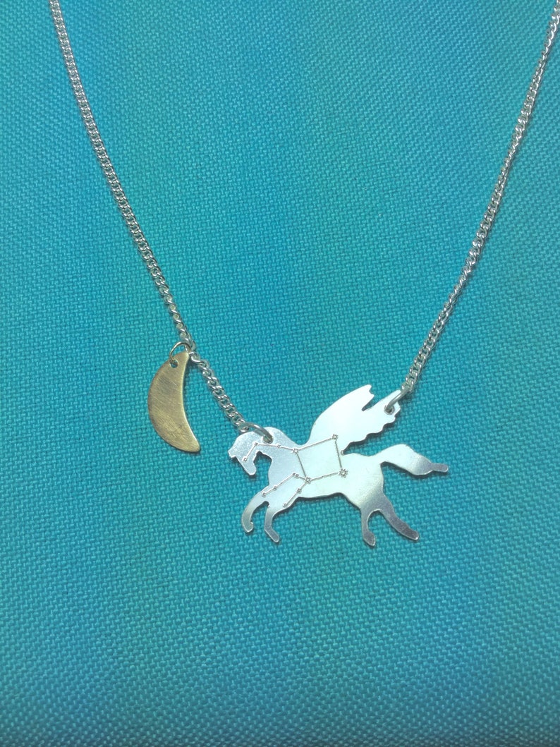 Pegasus silver necklace with star constellation engraving and gold-plated moon image 1