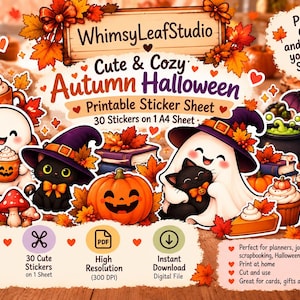 Pode incluir: Uma folha de autocolantes imprimível com 30 desenhos de outono e Halloween, incluindo fantasmas, gatos pretos com chapéus de bruxa, abóboras, cogumelos e morcegos. O texto diz WhimsyLeafStudio, Cute & Cozy Autumn Halloween e Printable Sticker Sheet.