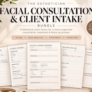 Pode incluir: Um pacote de formulários profissionais de consulta facial e admissão de clientes com texto impresso incluindo Skin Analysis, Client Intake, Facial Consultation, Treatment Record e Homecare Recommendations, com um emblema Canva editable.