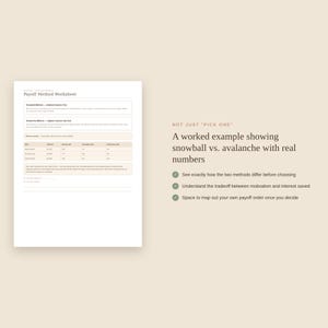 May include: A Payoff Method Worksheet document featuring a table comparing Snowball and Avalanche debt repayment strategies. The text includes instructions, a worked example with real numbers, and bullet points explaining the benefits of the worksheet.