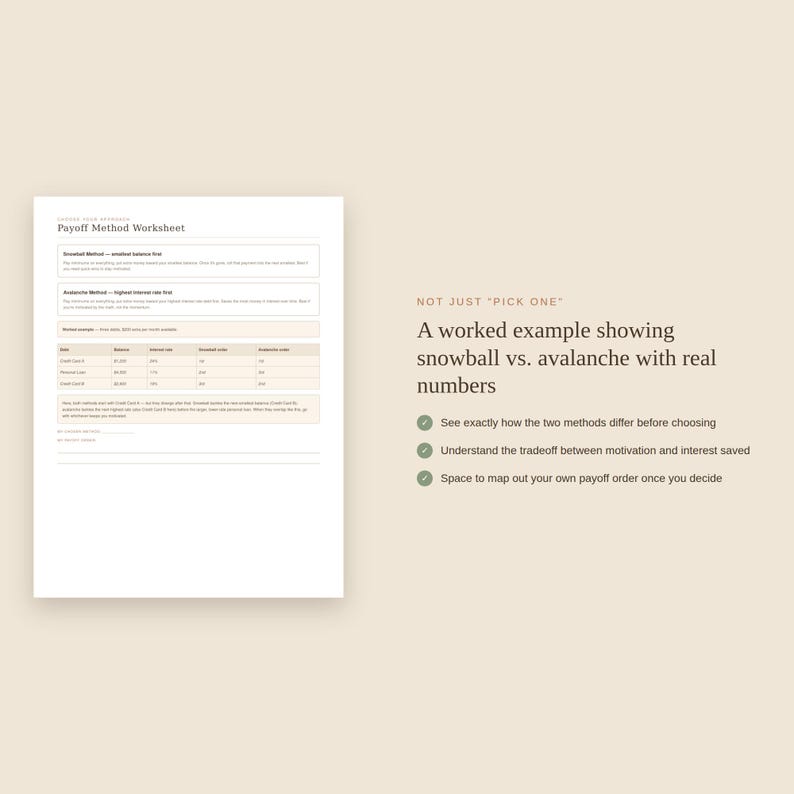 May include: A Payoff Method Worksheet document featuring a table comparing Snowball and Avalanche debt repayment strategies. The text includes instructions, a worked example with real numbers, and bullet points explaining the benefits of the worksheet.