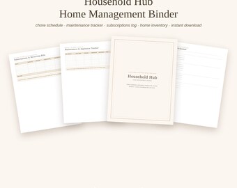 May include: A digital Household Hub Home Management Binder set featuring a cover page and various planning sheets including Subscriptions & Recurring Bills, Maintenance & Appliance Tracker, and a Schedule. The text includes Thistle Ink Studio.