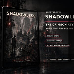 May include: A digital graphic novel titled Shadowless: The Crimson Key, featuring a dark sci-fi cover illustration of a figure on a bridge in a ruined city. The text includes Chapter One, 80-page story, English + Türkçe, and instant digital download.
