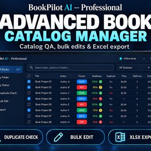 May include: A dark-themed software interface titled BookPilot AI Professional Advanced Book Catalog Manager. The dashboard displays a list of book projects with columns for title, author, format, readiness percentage, duplicate status, price, platforms, and date added.