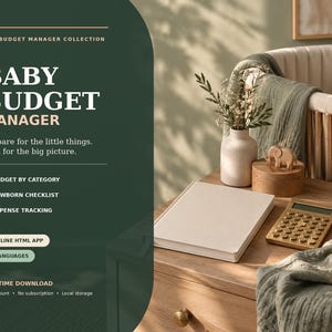 Puede incluir: Un anuncio de producto digital titulado The Budget Manager Collection Baby Budget Manager. El texto incluye Prepare for the little things. Plan for the big picture. Las características incluyen Budget by Category, Newborn Checklist.
