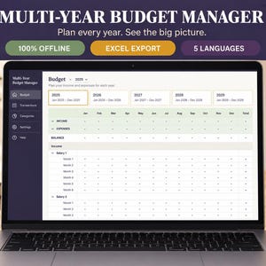Offline HTML-app voor meerjarig budgetbeheer, jaarlijkse financiële planner, inkomsten- en uitgavenregistratie, export naar Excel