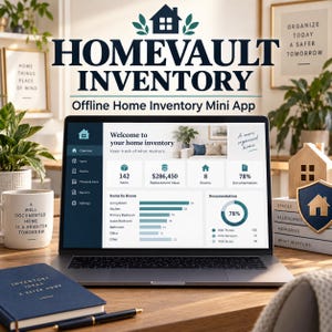 May include: A laptop displaying the Homevault Inventory Offline Home Inventory Mini App dashboard with data charts, item counts, and replacement values. The screen shows a navigation sidebar, room-based item statistics, and documentation progress.