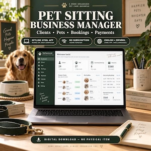 Puede incluir: Un ordenador portátil que muestra la interfaz del software Pet Sitting Business Manager, con un panel de control para gestionar clientes, mascotas, reservas y pagos. La pantalla incluye texto como PetCare.Local, Dashboard, Clients, Pets, Bookings.