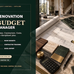 Puede incluir: Una herramienta digital de gestión de presupuesto de renovación con un panel verde oscuro y texto blanco que dice Renovation Budget Manager, Rooms, Contractors, Costs y One disciplined plan, junto a planos arquitectónicos y una calculadora.