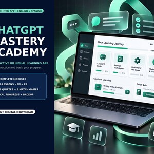 Puede incluir: Una computadora portátil que muestra la interfaz de la ChatGPT Mastery Academy con un panel que muestra módulos, lecciones y cuestionarios. La pantalla presenta texto que incluye Your Learning Journey, 68% Complete y varios iconos. El diseño utiliza un esquema de color azul oscuro y verde con elementos de interfaz de usuario translúcidos flotantes.
