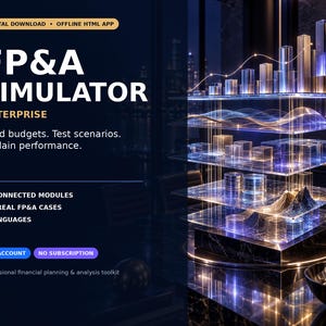 以下が含まれることがあります： デジタルダウンロードFP&A Simulator Enterpriseツール。棒グラフや地形図を含む、多層で光る3Dデータ可視化ディスプレイが特徴。テキスト：Digital Download, Offline HTML App, 17 Connected Modules, 100 Real FP&A Cases, 5 Languages, No Account, No Subscription。