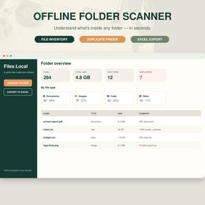 Puede incluir: Una interfaz digital para el software Offline Folder Scanner que muestra una vista general de carpetas con estadísticas, incluyendo 284 archivos, 4,8 GB de tamaño total, 12 tipos de archivos y 7 duplicados. El panel incluye botones para inventario, búsqueda de duplicados y exportación a Excel.