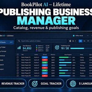 Op de afbeelding: Een software-interface met een donker thema genaamd BookPilot AI - Lifetime Publishing Business Manager. Het dashboard toont een tabel met kolommen voor titel, auteur, formaat, omzet, doelvoortgang, notities en datum, plus omzet- en doeltrackers.