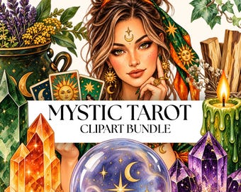 Mystic Tarot Stickers Clipart PNG Bundle, 59 Witchy Tarot Images, Crystal Ball & Moon Digital Download