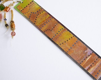 Painted bookmark with beads / handpainted abstract design / orange / green / purple / one of a kind / BK-149