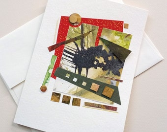 Carte de collage abstrait, rouge, vert et or, fait main