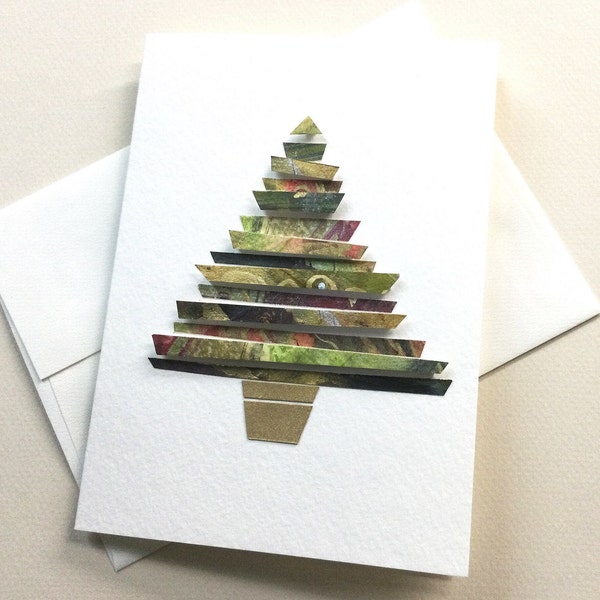 3D Christmas tree card / hand-painted papers mounted on heavyweight card / blank inside / one of a kind original art / C-232
