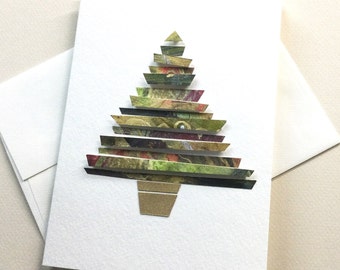 3D Christmas tree card / hand-painted papers mounted on heavyweight card / blank inside / one of a kind original art / C-232